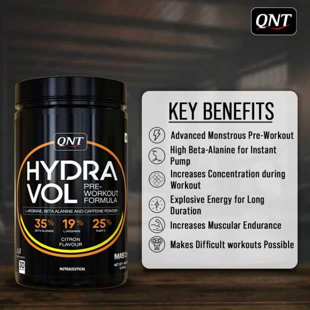 QNT Hydravol Pre-Workout Supplement | 400g | Citron | Instant Energy & Quick Muscle Pump | Beta-Alanine & Caffeine For Enhanced Focus & Muscle Strength