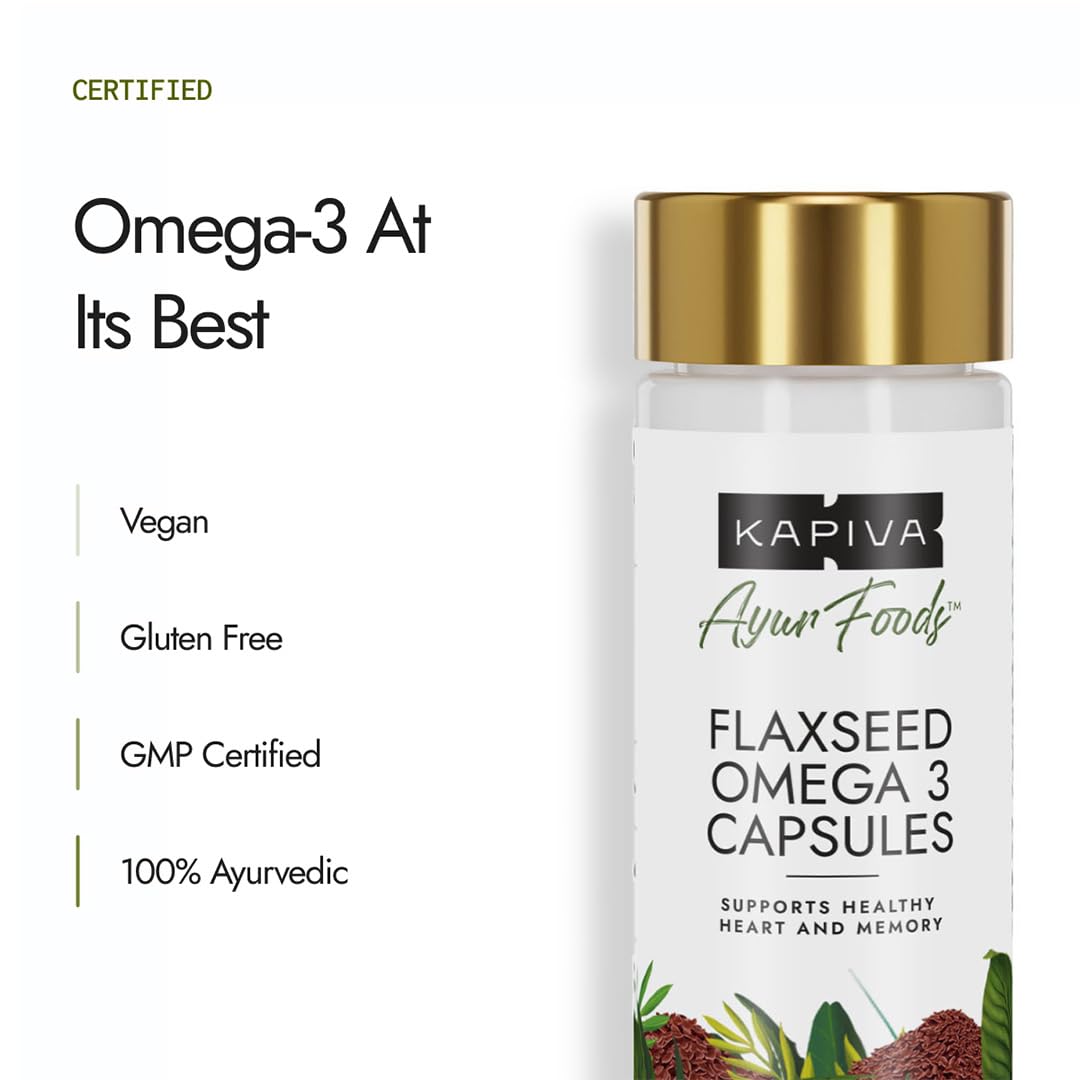 Kapiva Flaxseed Omega 3 Capsules (60N) | Vegetarian Flaxseed Oil Omega | Better Joint & Heart Health (60 Cap (Pack of 1)