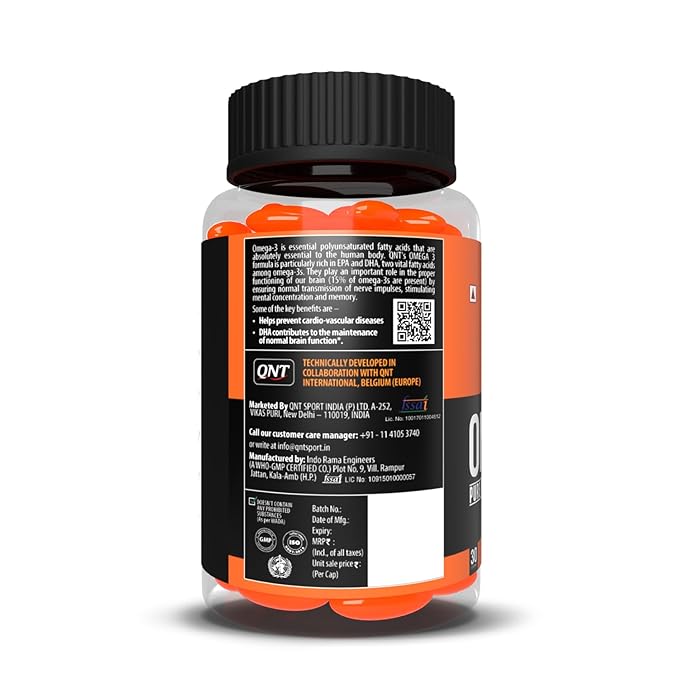QNT Omega 3 Capsules 1000mg | Nordic Island Fish Oil with 180mg EPA & 120mg DHA | Supports Heart, Brain, Skin & Bone Health | 60 Softgels