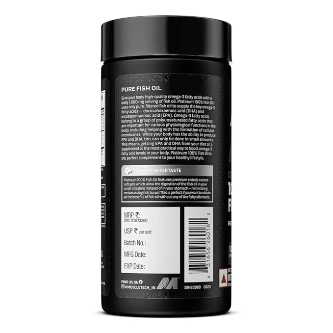 MuscleTech Platinum Fish Oil For Men And Women, 1000Mg Omega 3 With 180 Mg Epa & 120 Mg Dha For Heart, Joints & Brain Health, 100 Softgels, 1 count, 100 servings