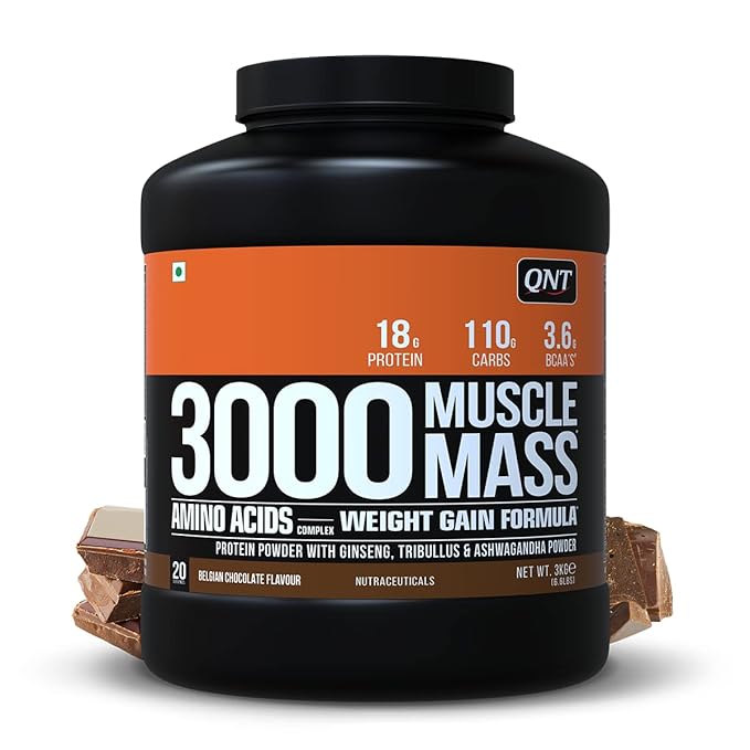 QNT Muscle Mass 3000 | Weight Gainer and Muscle Gainer Supplement | 3Kg |(18g Protein, 1.5g Dietary Fibre, 110g Carbs)