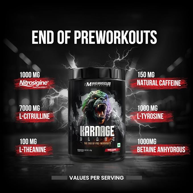 Bigmuscles Nutrition Karnage Black Preworkout | Massive Pump | Laser Focus | Explosive Energy | Gorilla Power | No Itching | with Nitrosigine