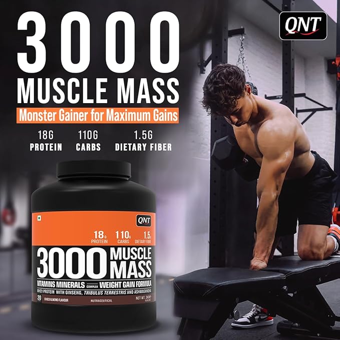 QNT Muscle Mass 3000 | Weight Gainer and Muscle Gainer Supplement | 3Kg |(18g Protein, 1.5g Dietary Fibre, 110g Carbs)
