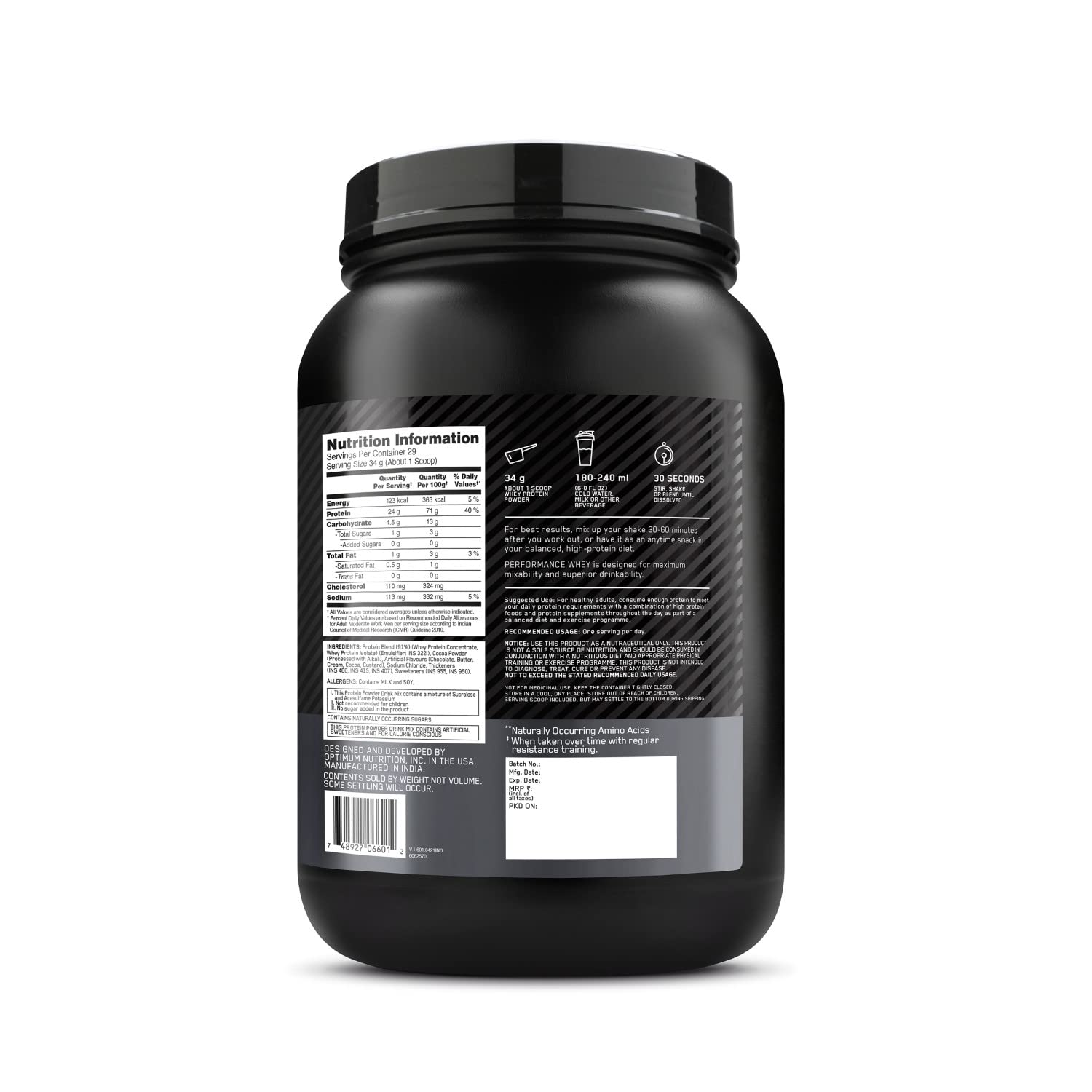 Optimum Nutrition (ON) Performance Whey Protein Powder, 24g Protein, 5g BCAA, Whey Protein Blend with Whey Protein Isolate