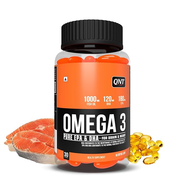 QNT Omega 3 Capsules 1000mg | Nordic Island Fish Oil with 180mg EPA & 120mg DHA | Supports Heart, Brain, Skin & Bone Health | 60 Softgels