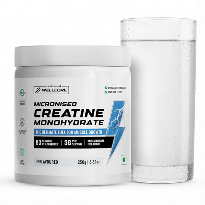 Wellcore Pure Micronised Creatine Powder (83 Servings, Unflavoured) For Enhanced Muscle Strength With Rapid Absorption | Creatine Monohydrate | Wellcore Creatine Unflavoured - 250g