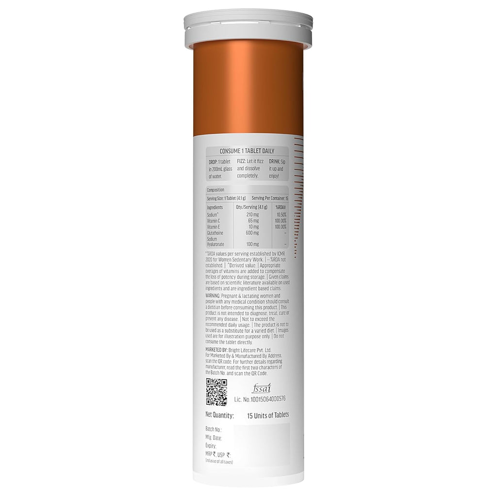 H.k vitals Glutathione (Orange, 15 Effervescent Tablets) | L-Glutathione Tablets with Vitamin C & E | For Skin Glow & Hydration