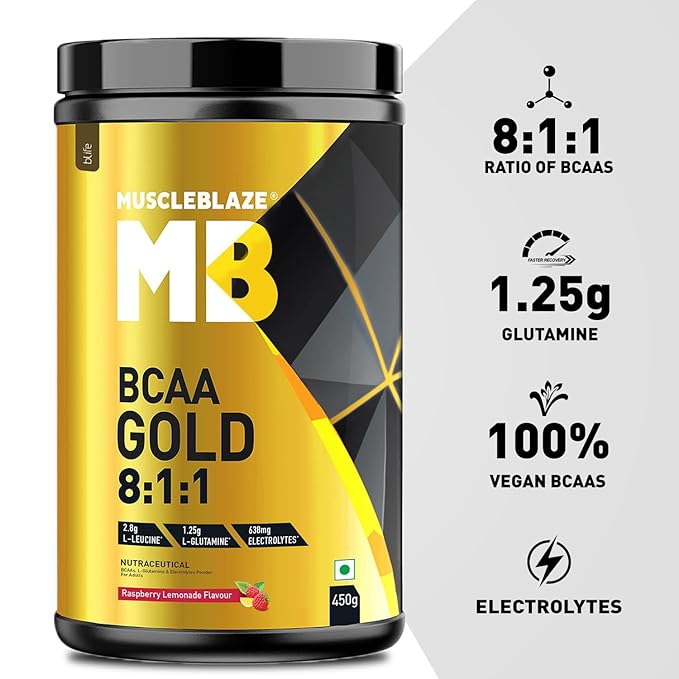 MuscleBlaze BCAA Gold 8:1:1 Powder (60 Servings, 450g) | With Higher Leucine, Electrolytes & Glutamine