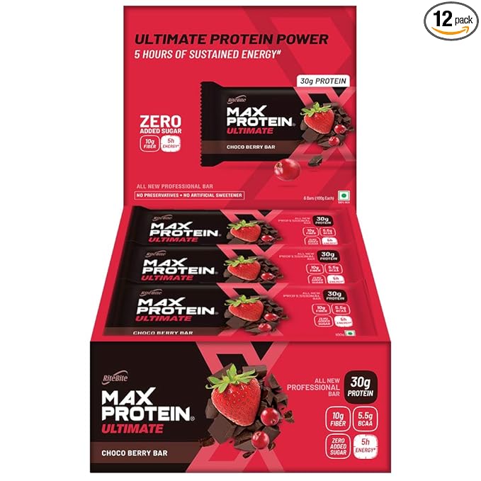RiteBite Max Protein Ultimate Choco Berry 30g Protein Bars [Pack of 12] Protein Blend, Fiber, Vitamins & Minerals, No Preservatives, 100% Veg, No Added Sugar, For Energy, Fitness & Immunity