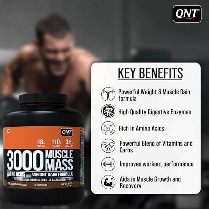 QNT Muscle Mass 3000 | Weight Gainer and Muscle Gainer Supplement | 3Kg |(18g Protein, 1.5g Dietary Fibre, 110g Carbs)