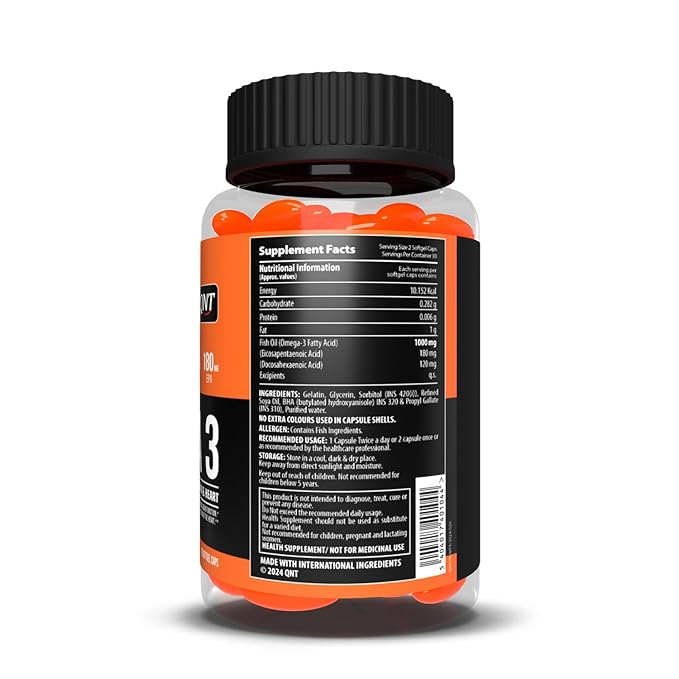 QNT Omega 3 Capsules 1000mg | Nordic Island Fish Oil with 180mg EPA & 120mg DHA | Supports Heart, Brain, Skin & Bone Health | 60 Softgels
