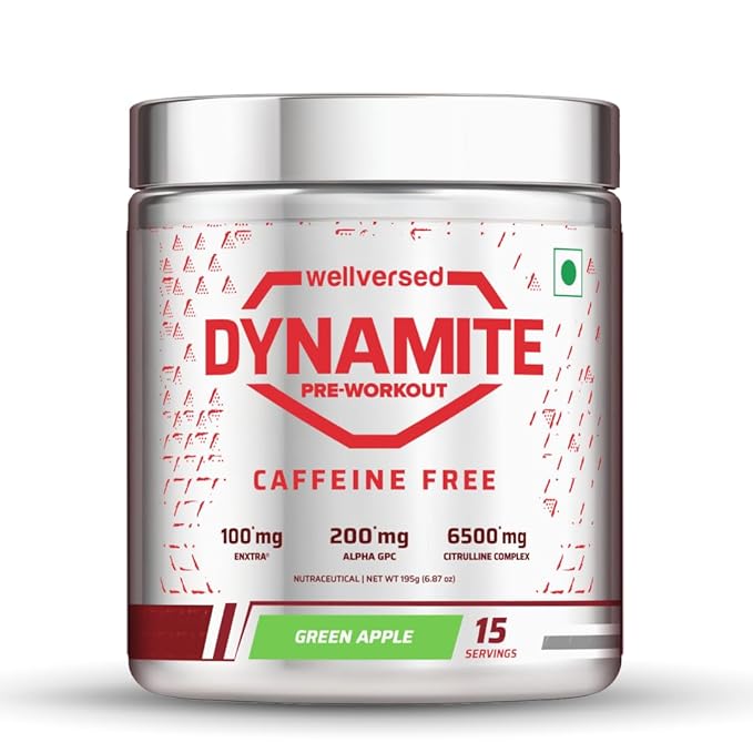 Dynamite Caffeine Free Pre Workout For Men (30 Serving, Green Apple) | Stim Free | No Caffeine | 200mg Alpha GPC | 650mg Citrulline Complex | Ideal For Beginners | Pre Workout