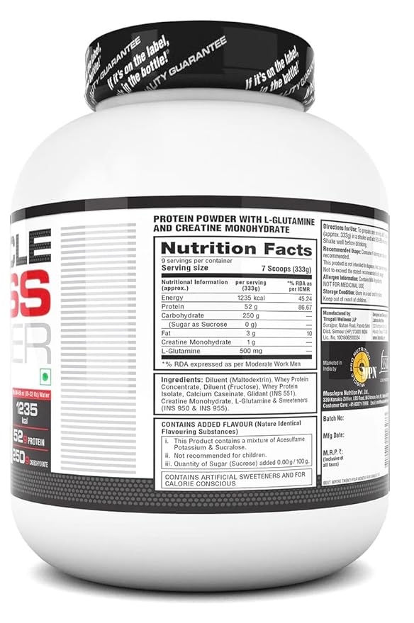 Labrada Muscle Mass Gainer Powder (Gain Weight, Post-Workout, 52g Protein, 250g Carbs,1g Creatine, 500mg L-Carnitine, 9 Servings) 6.6 lbs (3 kg)