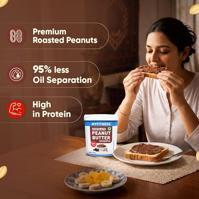 MYFITNESS Peanut Butter Chocolate Flavour, Smooth 1.25kg | 22g Protein | Tasty & Healthy Nut Butter Spread | Vegan | Cholesterol Free & Gluten Free | Zero Trans Fat | Creamy Peanut Butter