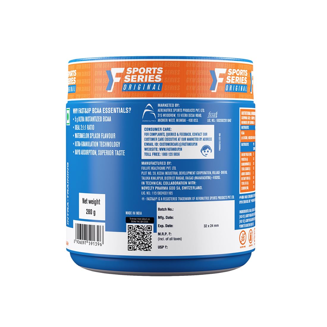 FAST&UP BCAA Essentials Powder | 5g BCAAs per Serve (2:1:1) | 40 Servings – Watermelon | Intra & Post-Workout Muscle Recovery, Endurance & Energy | Sugar-Free · Caffeine-Free · Vegetarian