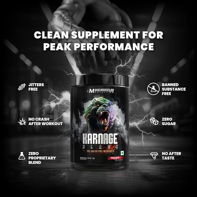 Bigmuscles Nutrition Karnage Black Preworkout | Massive Pump | Laser Focus | Explosive Energy | Gorilla Power | No Itching | with Nitrosigine