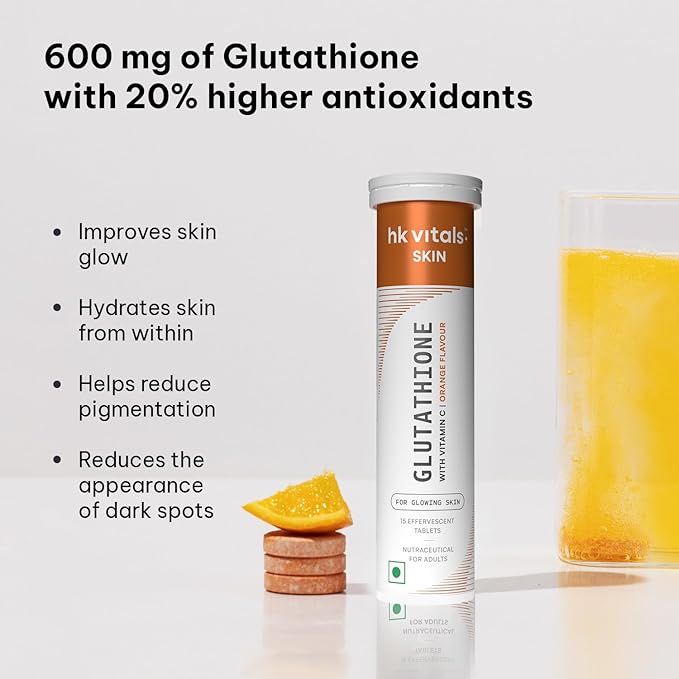 H.k vitals Glutathione (Orange, 15 Effervescent Tablets) | L-Glutathione Tablets with Vitamin C & E | For Skin Glow & Hydration