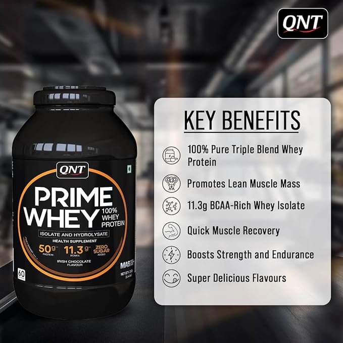 QNT Prime Whey Protein Powder | Triple Blend of Whey Isolate, Concentrate & Hydrolysate | 25g Protein, 5.9g BCAA per Scoop | Best Whey Protein Powder for Men & Women