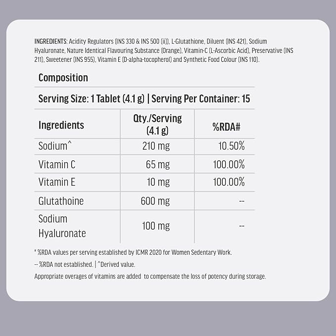 H.k vitals Glutathione (Orange, 15 Effervescent Tablets) | L-Glutathione Tablets with Vitamin C & E | For Skin Glow & Hydration