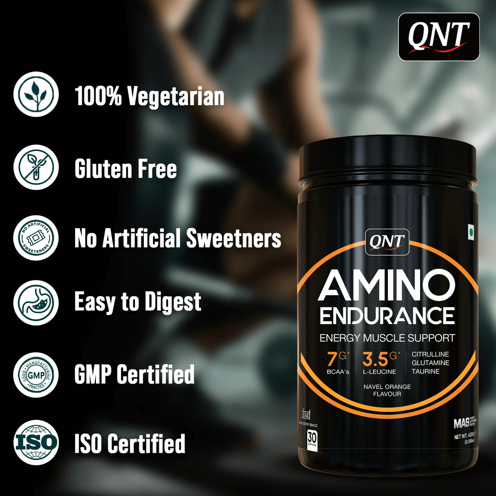 Qnt Amino Endurance | 400g| 5g BCAA + 2500mg Glutamine | Supports Muscle Growth & Recovery | L-Taurine 1000mg | Pre & Post Workout Supplement