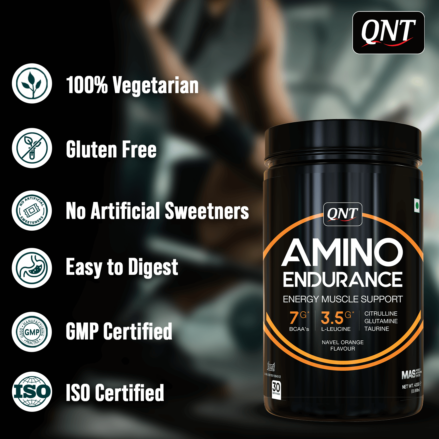 Qnt Amino Endurance | 400g| 5g BCAA + 2500mg Glutamine | Supports Muscle Growth & Recovery | L-Taurine 1000mg | Pre & Post Workout Supplement