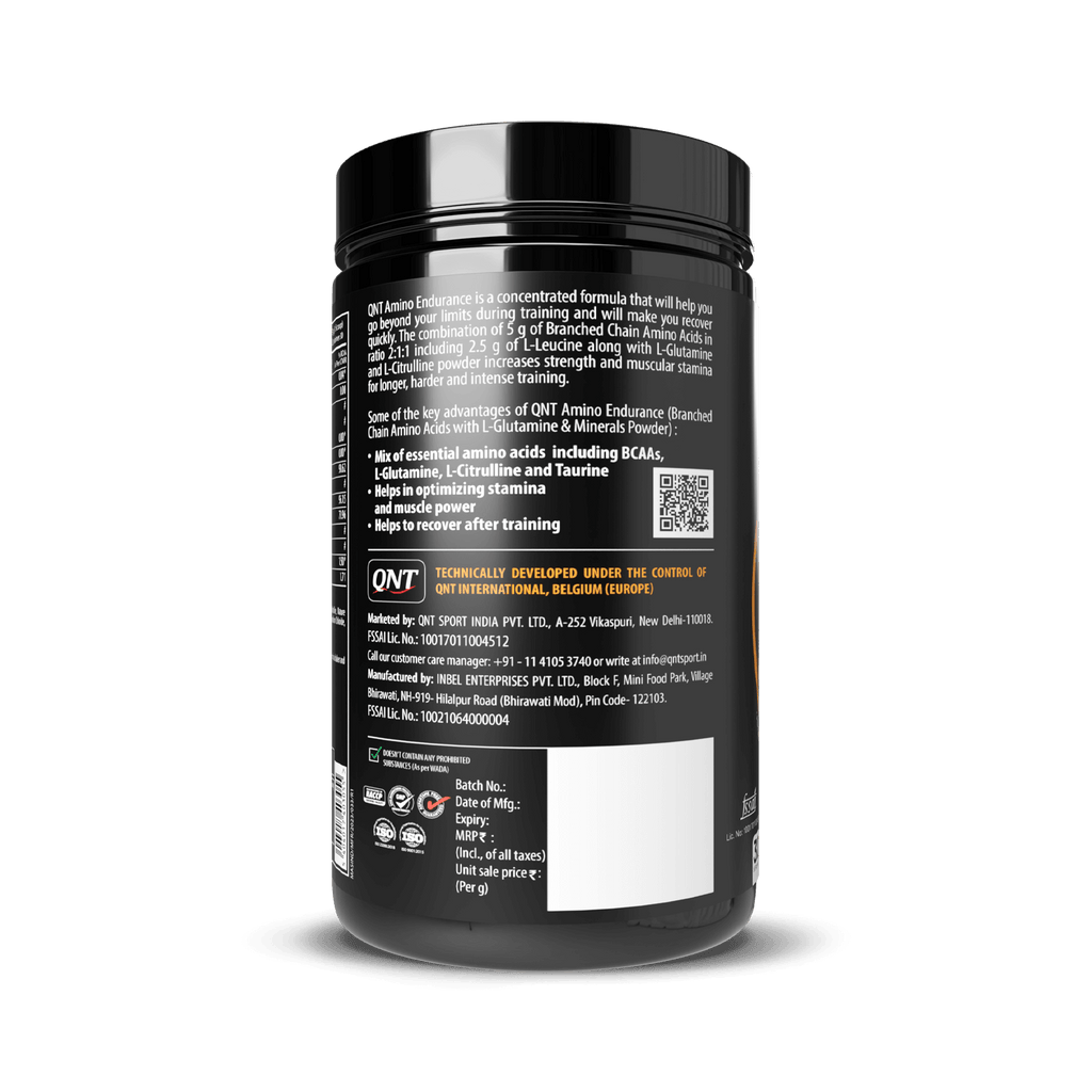 Qnt Amino Endurance | 400g| 5g BCAA + 2500mg Glutamine | Supports Muscle Growth & Recovery | L-Taurine 1000mg | Pre & Post Workout Supplement