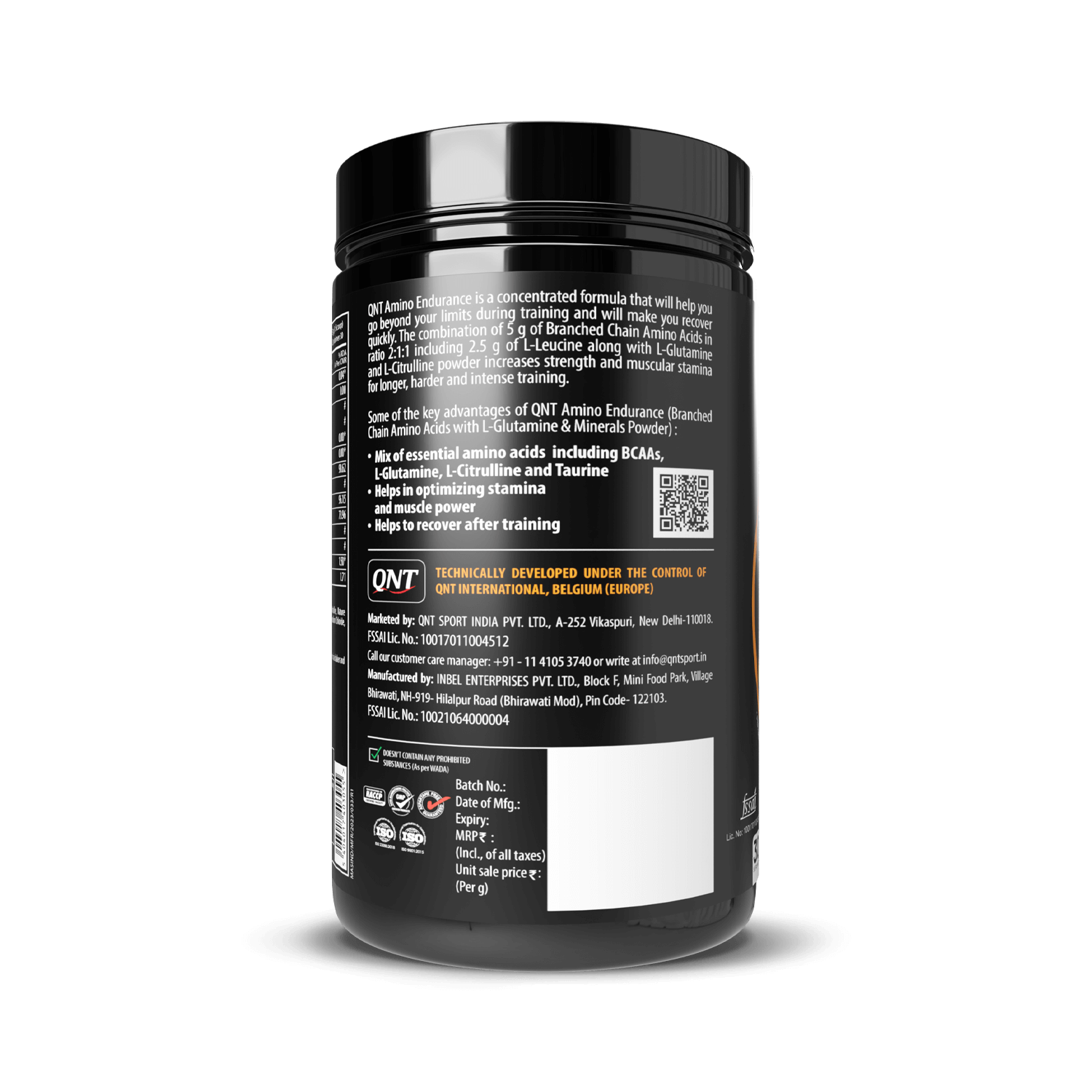 Qnt Amino Endurance | 400g| 5g BCAA + 2500mg Glutamine | Supports Muscle Growth & Recovery | L-Taurine 1000mg | Pre & Post Workout Supplement