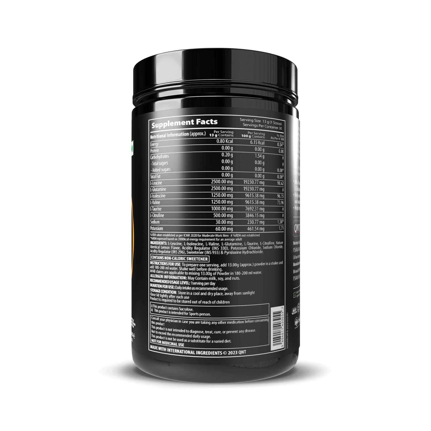 Qnt Amino Endurance | 400g| 5g BCAA + 2500mg Glutamine | Supports Muscle Growth & Recovery | L-Taurine 1000mg | Pre & Post Workout Supplement
