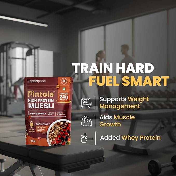 Pintola High Protein Muesli Dark Chocolate & Cranberry 1kg, 24g Protein, High Fibre, Trans Fat Free with Brown Sugar, Real Fruits, Muesli for Breakfast Food, Muselies Fruit Nuts and Seeds 1 kg