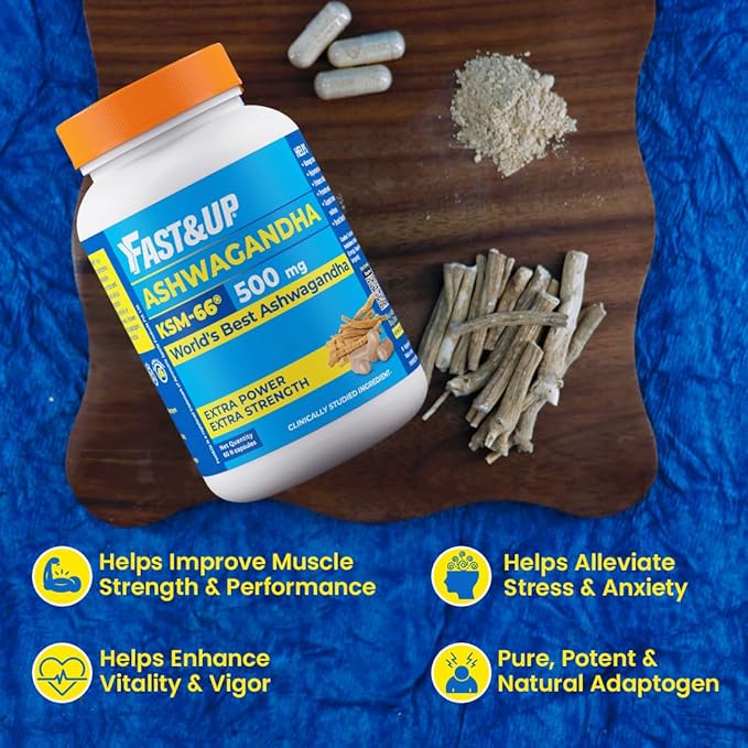 Fast&Up 500mg KSM-66® Ashwagandha – World's Best Ashwagandha (60 Capsules) for Extra Strength & Power | Stress Relief | Natural Vitality Booster | Pure & Potent