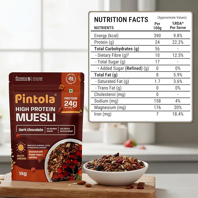Pintola High Protein Muesli Dark Chocolate & Cranberry 1kg, 24g Protein, High Fibre, Trans Fat Free with Brown Sugar, Real Fruits, Muesli for Breakfast Food, Muselies Fruit Nuts and Seeds 1 kg