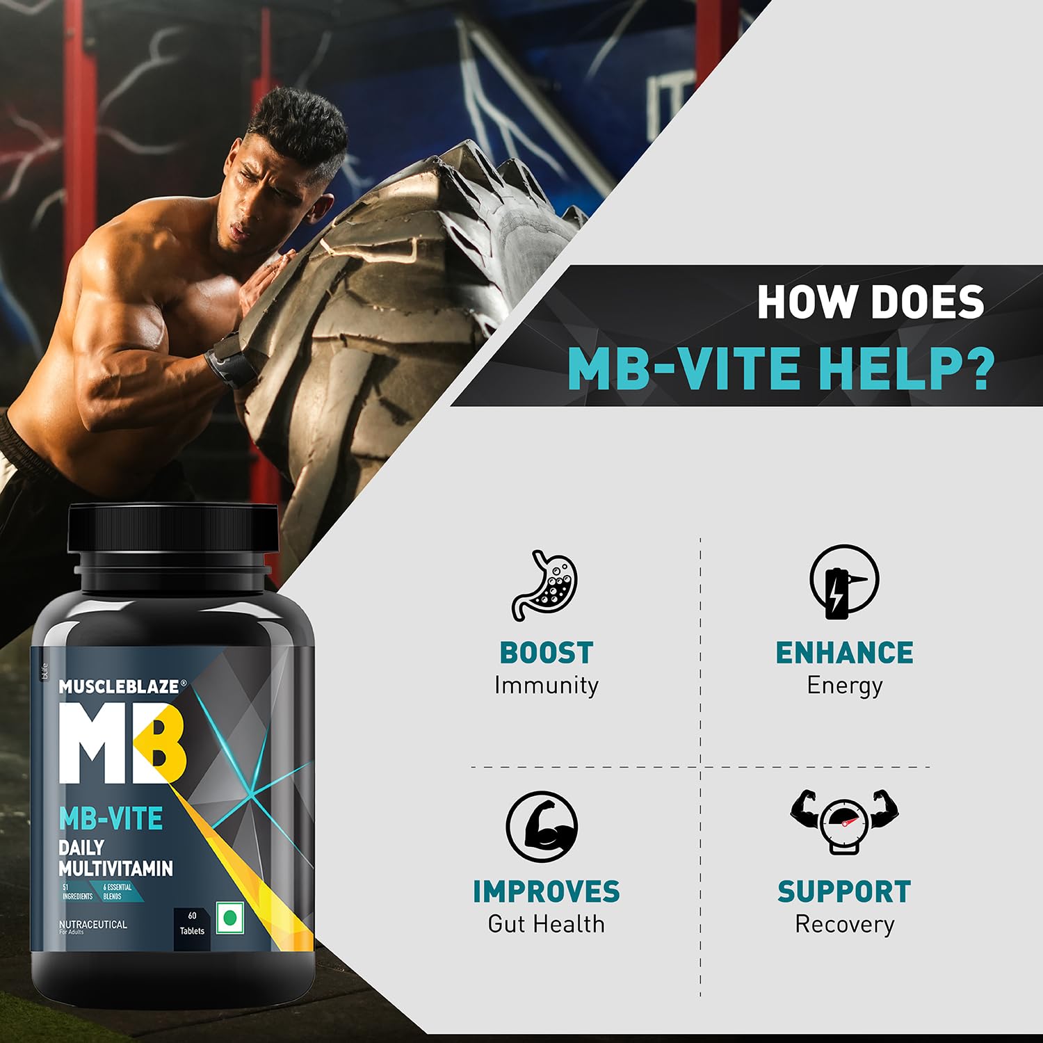 MuscleBlaze MB-Vite Daily Multivitamin | With 51 Ingredients & 6 Blends, Vitamins & Minerals, Prebiotic & Probiotics, Amino Acid Blends | For Energy, Stamina & Recovery