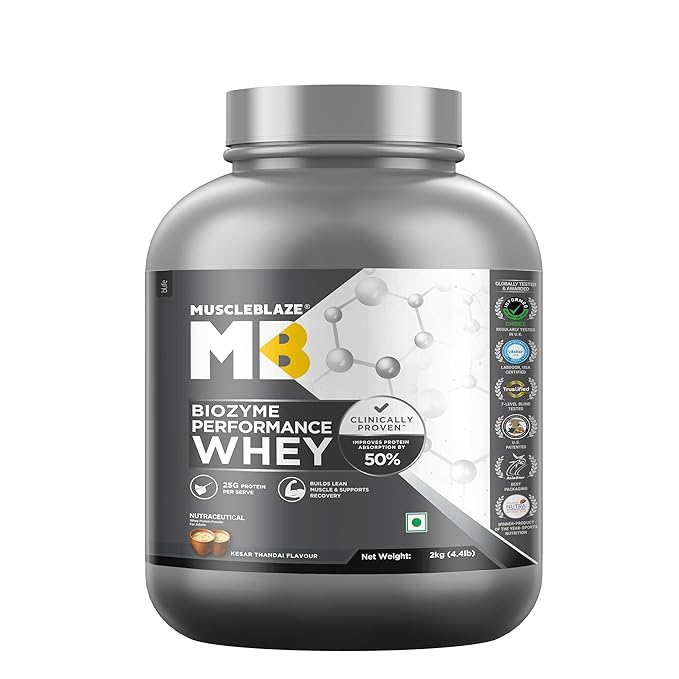 MuscleBlaze Biozyme Performance Whey Protein Powder | 25g Protein Per Scoop | Clinically Tested 50% Higher Protein Absorption
