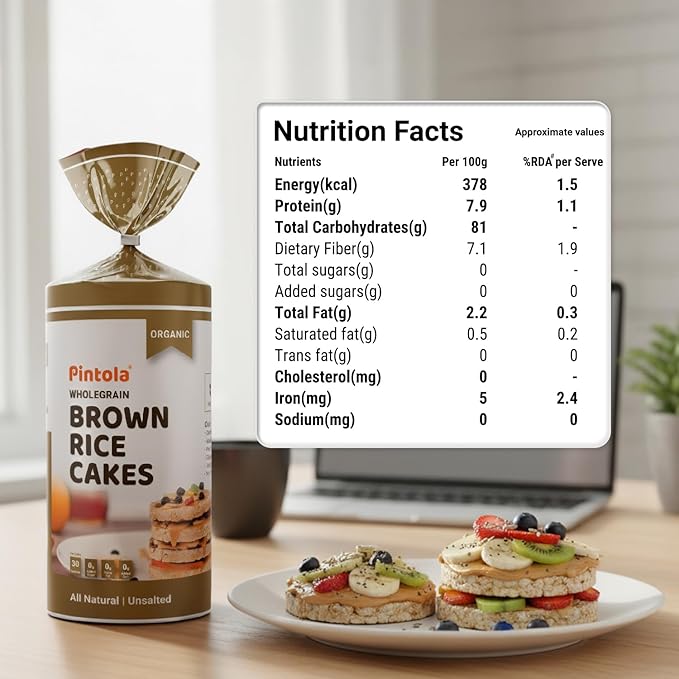 Pintola Organic Brown Rice Cake All Natural Unsalted 130g | Gluten-Free Snack | 9 Wholegrains | Low Fat | 30 Calories per Cake | Soy & Yeast Free | Healthy Snack for Weight Loss