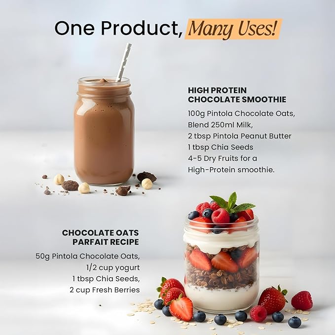 PINTOLA 25g High Protein Oats 1kg, Dark Chocolate,No Refined Sugar, with Almonds Raisin, Pumpkin and Chia Seeds, 8g Fibre, Rolled Oats for weight loss, Breakfast Cereals | Gluten Free