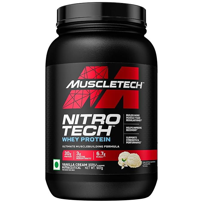 MuscleTech Nitro-Tech Whey Protein, 30g Protein, 3g creatine monohydrate, 6.7g BCAA, ultimate muscle building formula, increase strength & performance