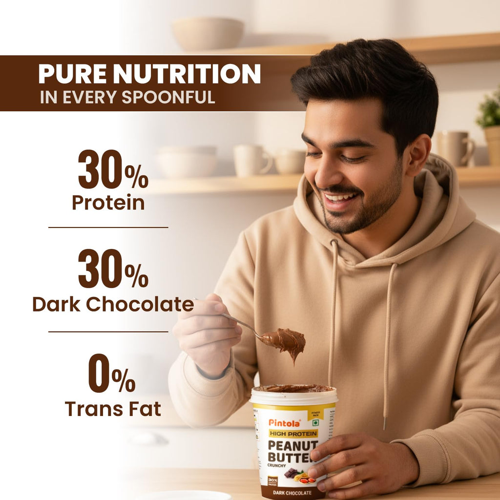 PINTOLA High Protein Peanut Butter Chocolate Flavour Crunchy 1kg, Added WHEY Protein, 30g Protein 6.2g Fiber, Gluten Free, Zero Trans Fat, Dark Chocolate Peanut Butter Spread, Nut Butter Bread Snacks