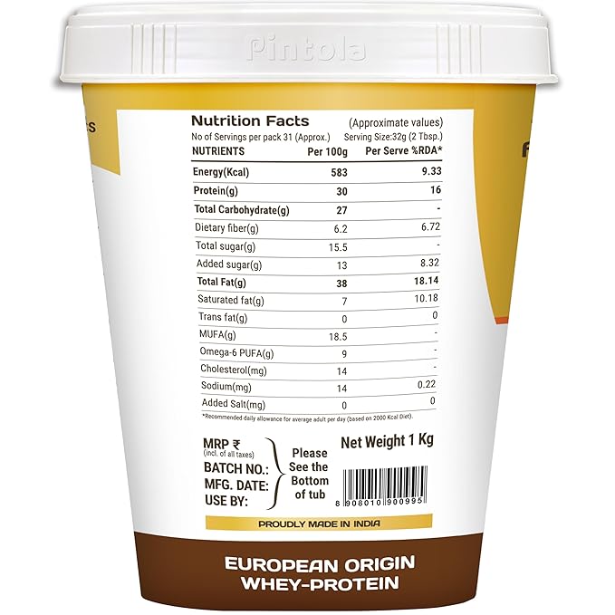 PINTOLA High Protein Peanut Butter Chocolate Flavour Crunchy 1kg, Added WHEY Protein, 30g Protein 6.2g Fiber, Gluten Free, Zero Trans Fat, Dark Chocolate Peanut Butter Spread, Nut Butter Bread Snacks