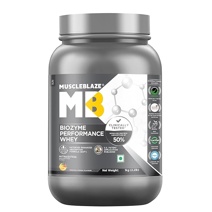 MuscleBlaze Biozyme Performance Whey Protein Powder | 25g Protein Per Scoop | Clinically Tested 50% Higher Protein Absorption