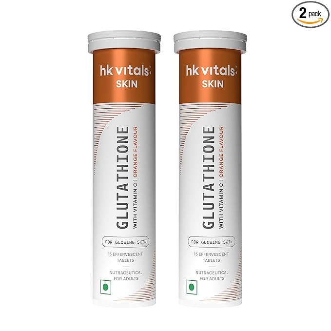 H.k vitals Glutathione (Orange, 15 Effervescent Tablets) | L-Glutathione Tablets with Vitamin C & E | For Skin Glow & Hydration