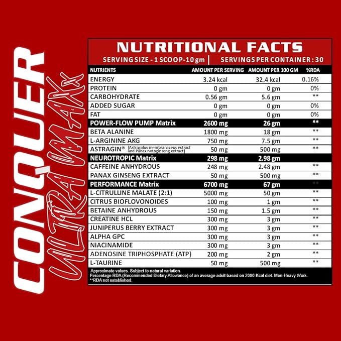 Ripped Up Nutrition Conquer Ultra Maxx- Pre workout- (300gm powder, 1 count, 30 Servings