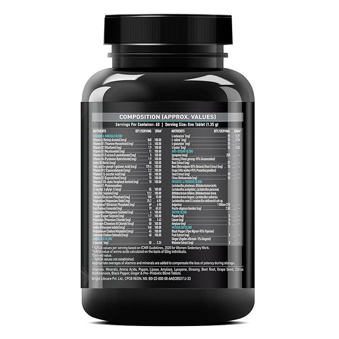 MuscleBlaze MB-Vite Daily Multivitamin | With 51 Ingredients & 6 Blends, Vitamins & Minerals, Prebiotic & Probiotics, Amino Acid Blends | For Energy, Stamina & Recovery