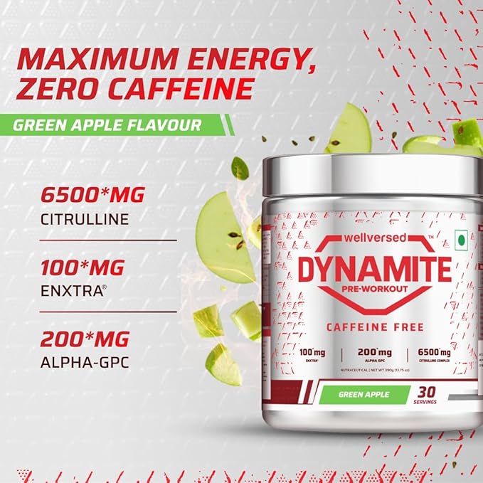 Dynamite Caffeine Free Pre Workout For Men (30 Serving, Green Apple) | Stim Free | No Caffeine | 200mg Alpha GPC | 650mg Citrulline Complex | Ideal For Beginners | Pre Workout