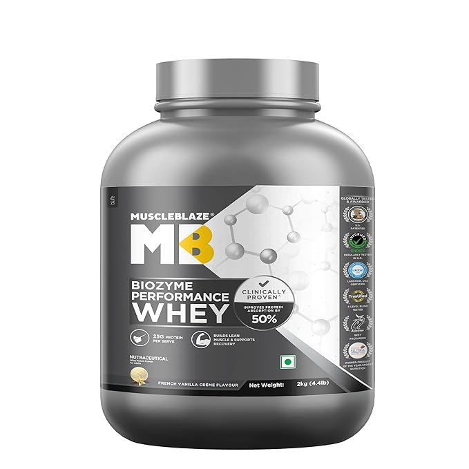 MuscleBlaze Biozyme Performance Whey Protein Powder | 25g Protein Per Scoop | Clinically Tested 50% Higher Protein Absorption