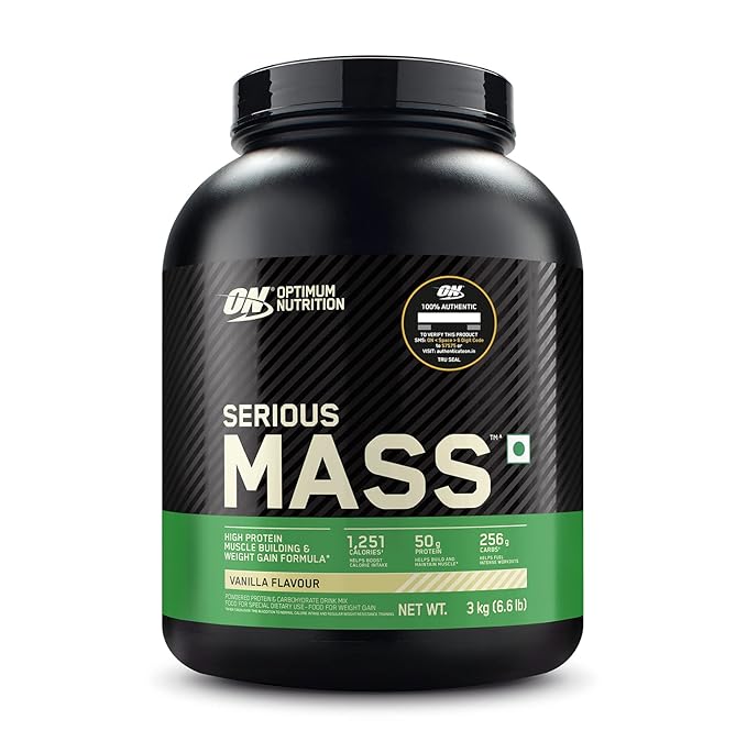 OPTIMUM NUTRITION (ON) Serious Mass High Protein High Calorie Weight Gainer Powder - 3 kg with Vitamins and Minerals, Vegetarian