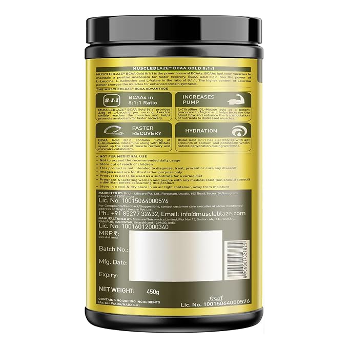 MuscleBlaze BCAA Gold 8:1:1 Powder (60 Servings, 450g) | With Higher Leucine, Electrolytes & Glutamine