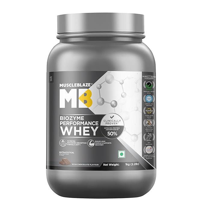 MuscleBlaze Biozyme Performance Whey Protein Powder | 25g Protein Per Scoop | Clinically Tested 50% Higher Protein Absorption