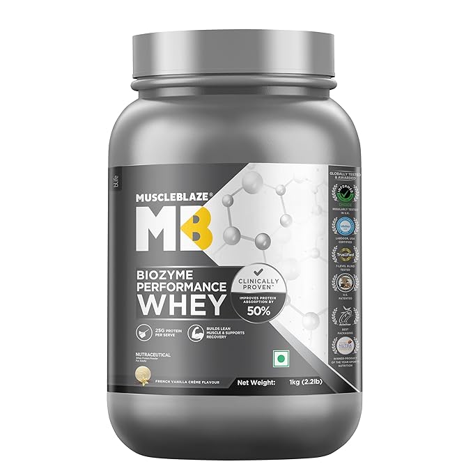 MuscleBlaze Biozyme Performance Whey Protein Powder | 25g Protein Per Scoop | Clinically Tested 50% Higher Protein Absorption