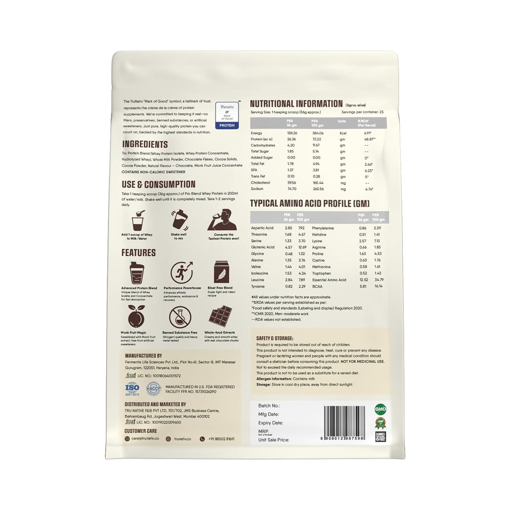 Trunativ Pro Blend Whey Protein Powder Isolate & Concentrate | 100% Light & Clean Protein Powder | 26g Protein | 6g BCAA | 12.52g EAA | No added sugar |