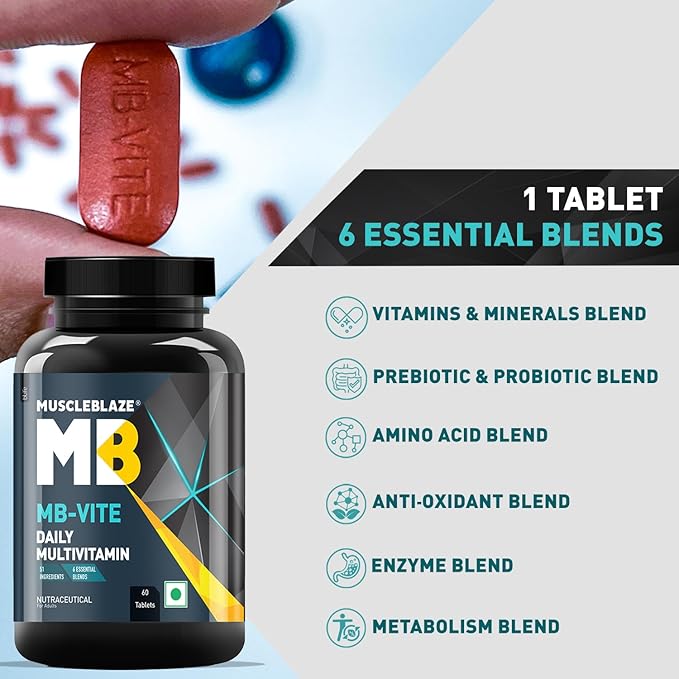 MuscleBlaze MB-Vite Daily Multivitamin | With 51 Ingredients & 6 Blends, Vitamins & Minerals, Prebiotic & Probiotics, Amino Acid Blends | For Energy, Stamina & Recovery